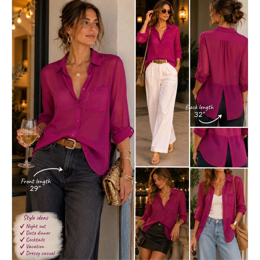 Free People XS Sheer Magenta Button Up Blouse Date Night Party Boho High Low Spl